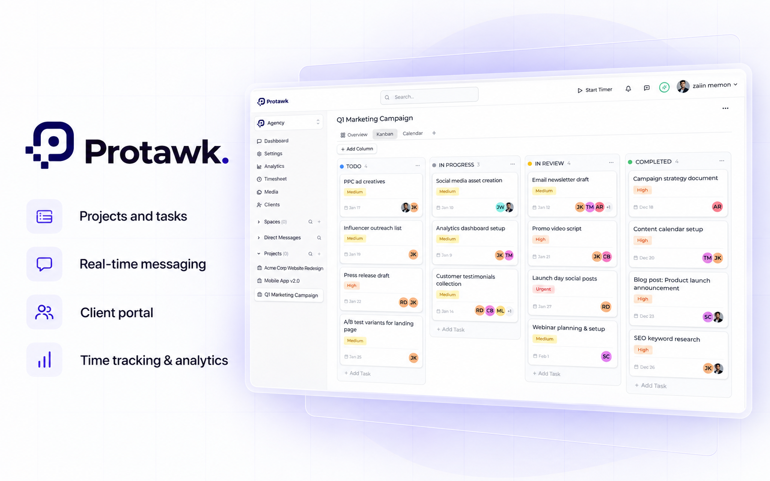 Protawk. Projects and tasks. Real-time messaging. Client portal. Time tracking & analytics. View case study.