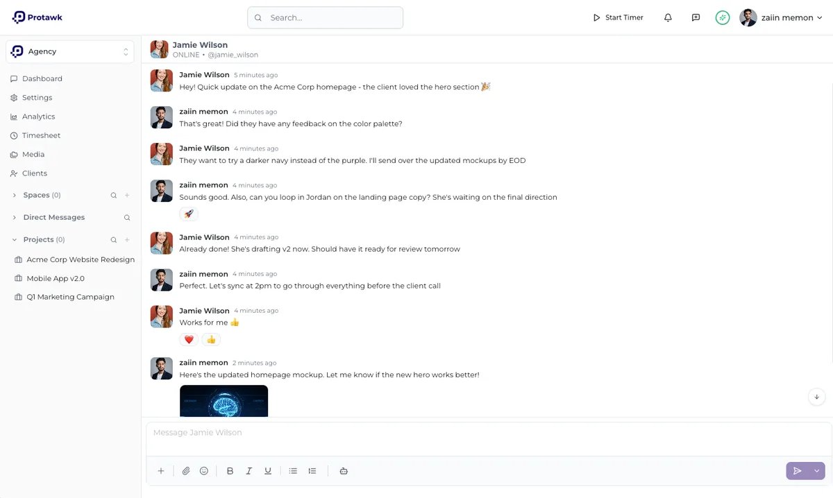Protawk messaging with channels and a threaded team conversation.